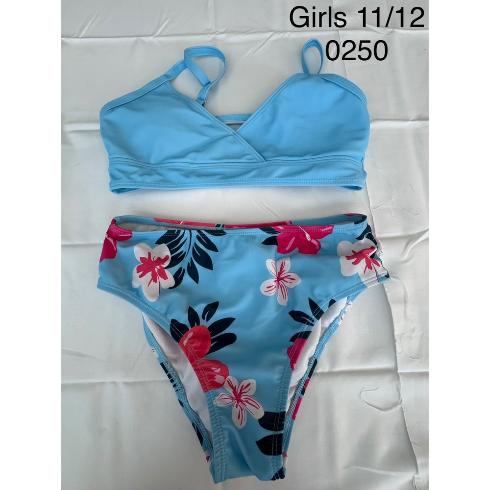 Girls Light Blue Floral Two Piece Swimsuit High Waisted Bikini Set Size 11/12